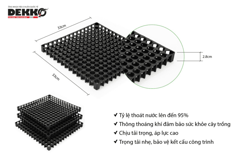 Vỉ nhựa thoát nước DEKKO được sản xuất từ 100% nhựa nguyên sinh PP, có cấu trúc dạng tổ ong